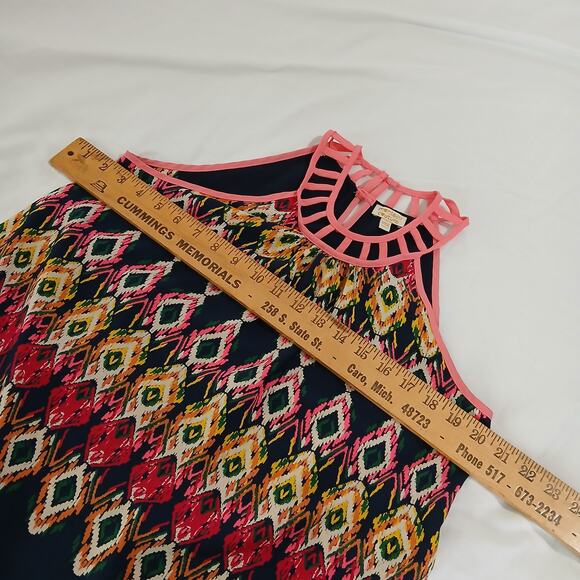 Minteau Couture 16(XL) Halter Dress A Line Navy/Pink/Green Cut-Out Neck Lined - Picture 10 of 11